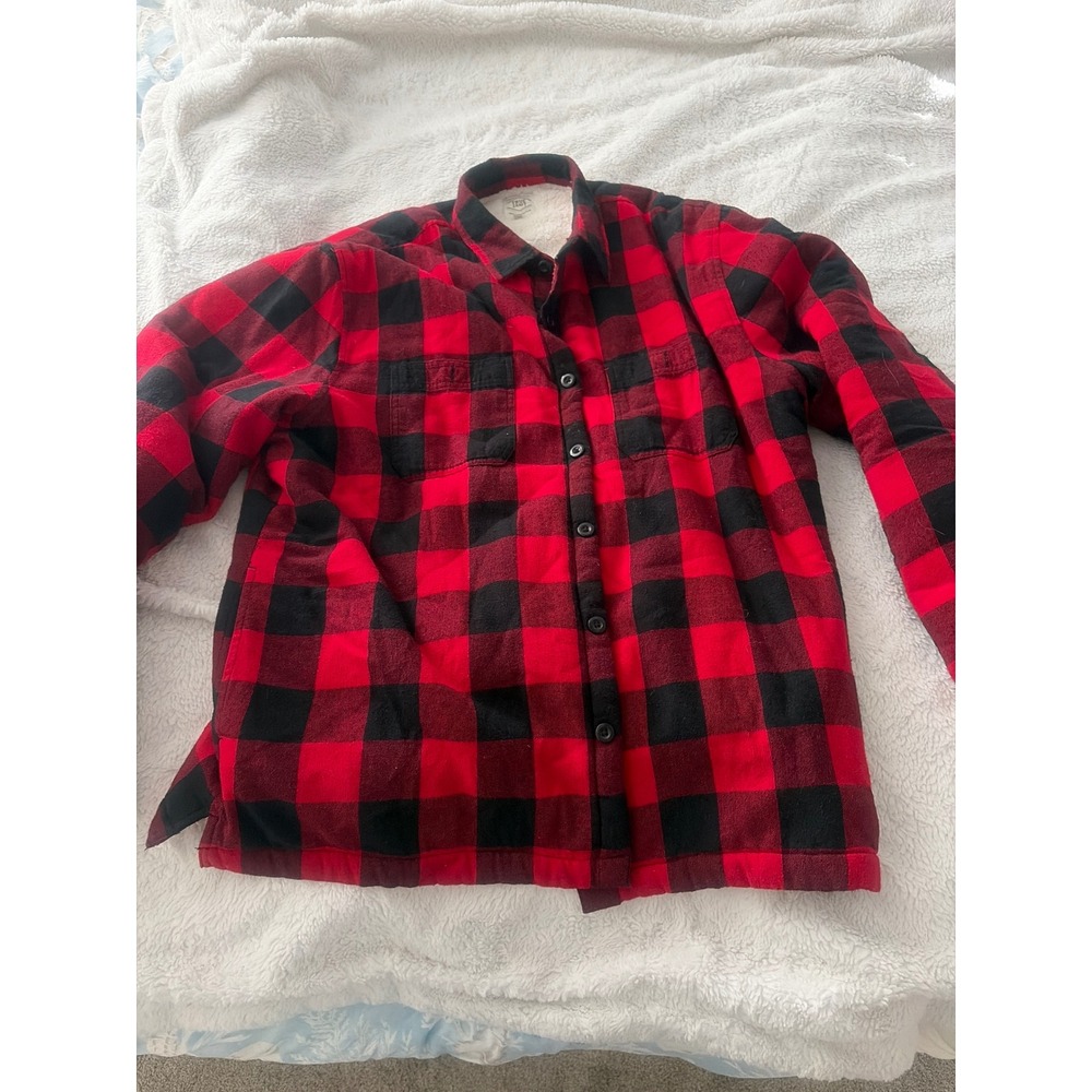 True Craft Mens Red Black Buffalo Plaid Sherpa Lined Flannel Shirt Jacket XL